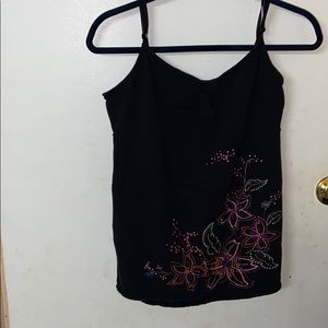 Black Tank Top with Embroidered Flowers